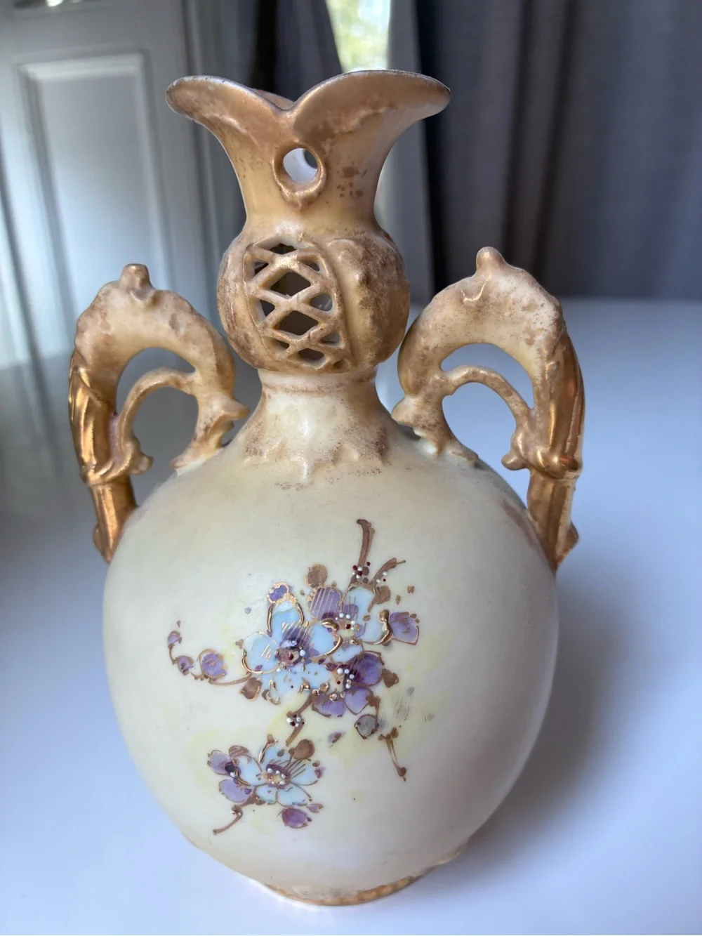 Turn Teplitz Bohemia Ornate Hand-painted Floral Double-Handled Vase